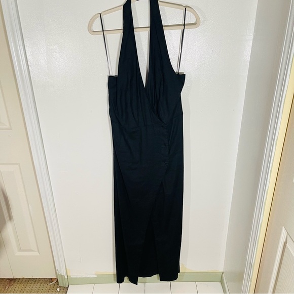 NEW Anthropologie Linen Halter V-Neck Column Midi Dress Black Resortwear Party - Picture 2 of 8